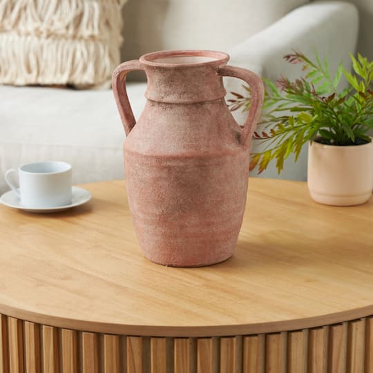 12" Pink Antique-Style Ceramic Vase with Handles